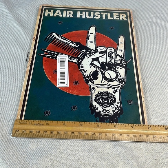Vintage Vibe NWT Hair Hustler Metal Tin Sign Tatoo Hand Design Scissors Comb - Picture 5 of 6